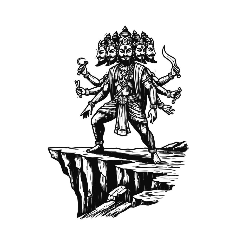 Ravana Standing on Cliff Edge with Multiple Heads and Arms vector