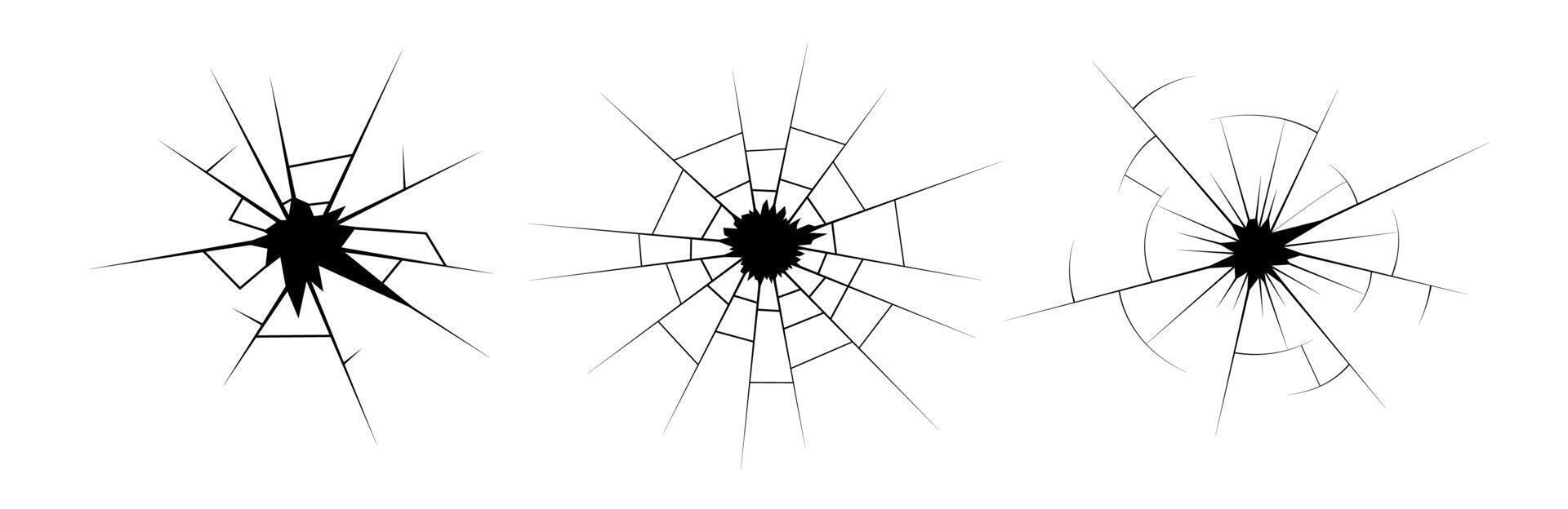 Cracked surface illustration with shattered glass, bullet hole, and wall texture. Realistic broken effect with fracture lines and crash pattern. design for impact or damage theme. vector