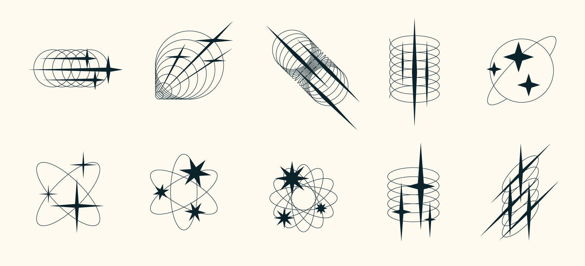 Bright starburst icons with glowing spark and glitter shine. Retro Y2K set with twinkle, glow, and magic light effects. Perfect for festive, abstract, or logo design themes. vector