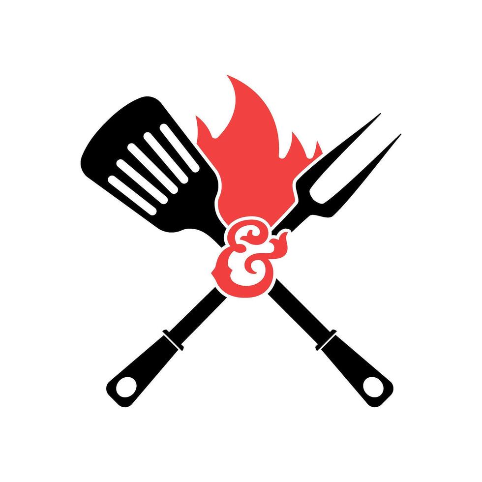 Spatula and fork cross over flames, symbolizing a barbecue or grilling event with a bold and fiery theme. vector