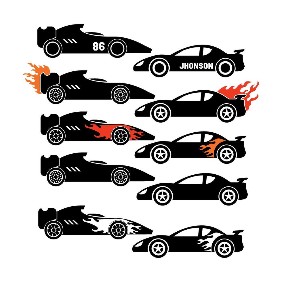 Collection of stylized race cars speeding on a white surface with flames and personalized details, creating a dynamic and exciting scene. vector