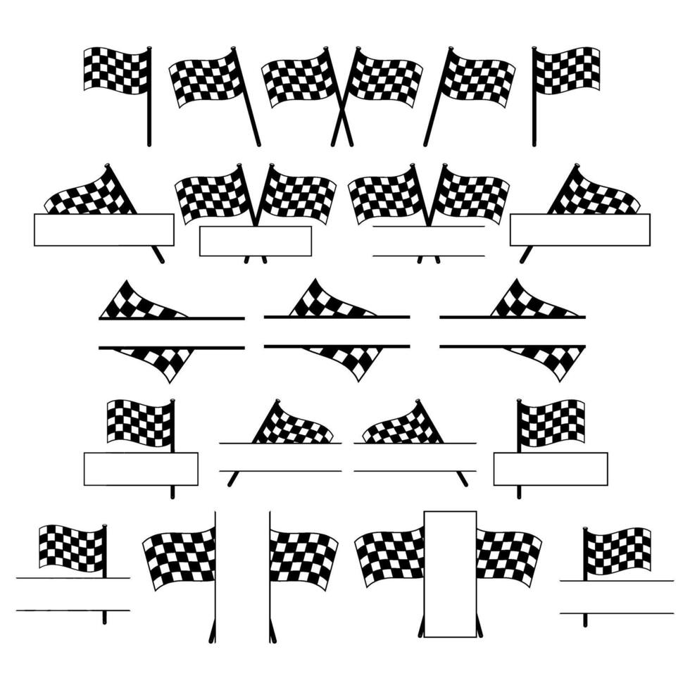 Checkered flags wave in monochrome, creating a dynamic racing theme with customizable banner spaces for text or logos, conveying speed and competition. vector