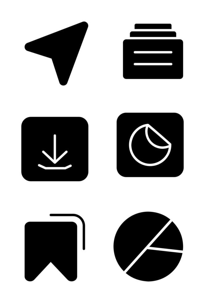 Six essential solid black user interface icons set. Filled symbols for app navigation, data, and settings. Collection of monochrome UI pictograms on white background. vector
