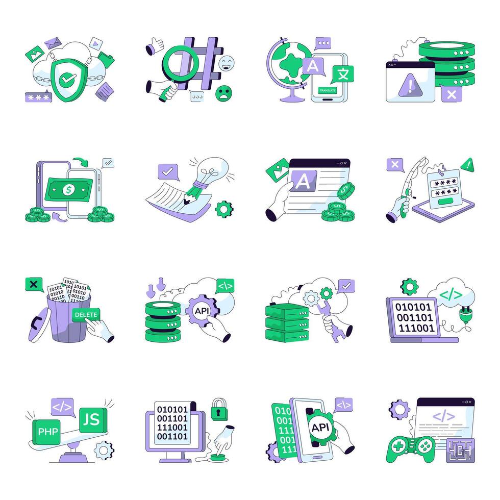 Icons of web development technologies and processes vector