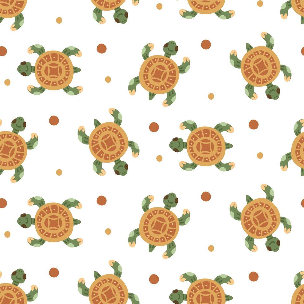 Turtle pattern in a seamless texture, top view. Flat color. Styled turtle view with detailed shell pattern and dots. Packaging suitable for design, teaching, and decoration. vector