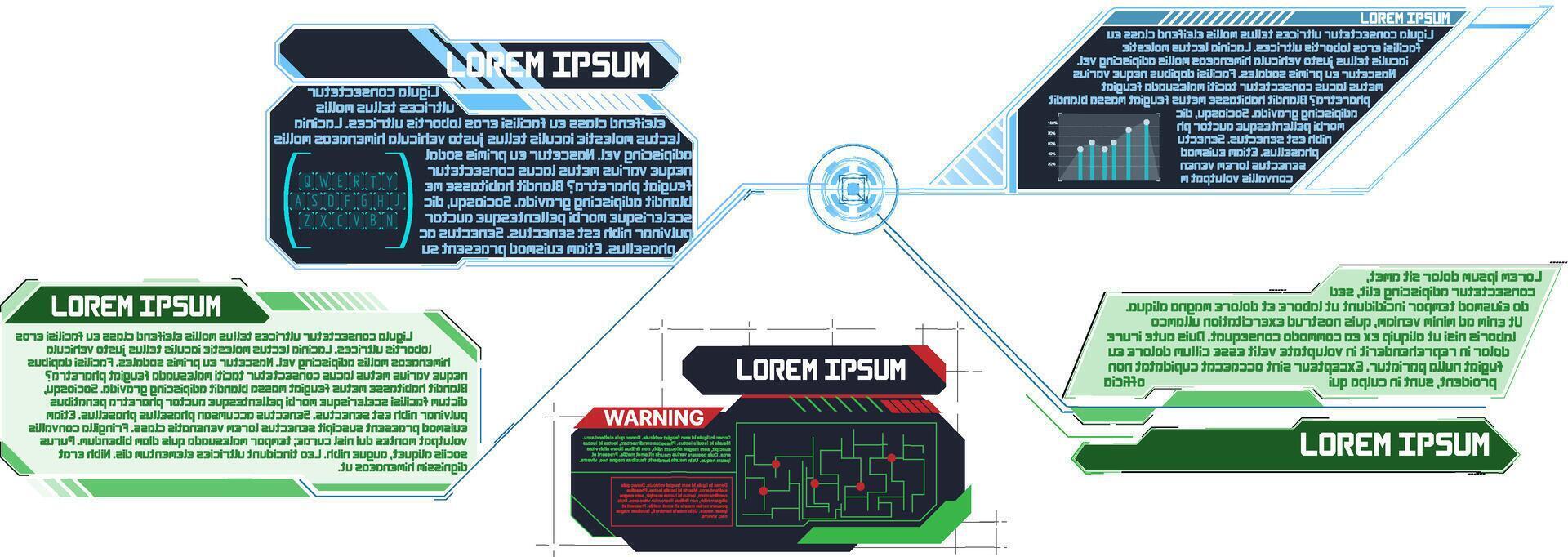 Data display overview showcasing charts and warning messages in a futuristic setting vector