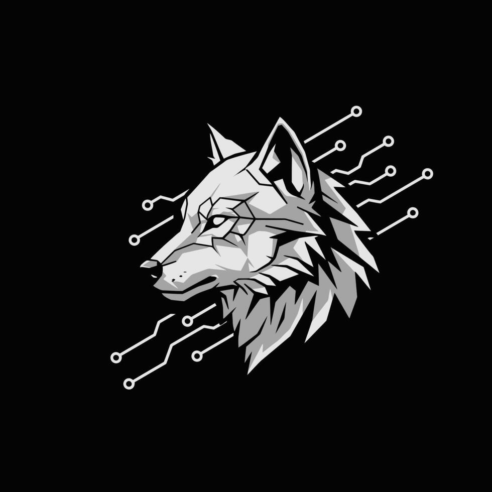 Logo design of a wolf head with circuit elements on a black background vector