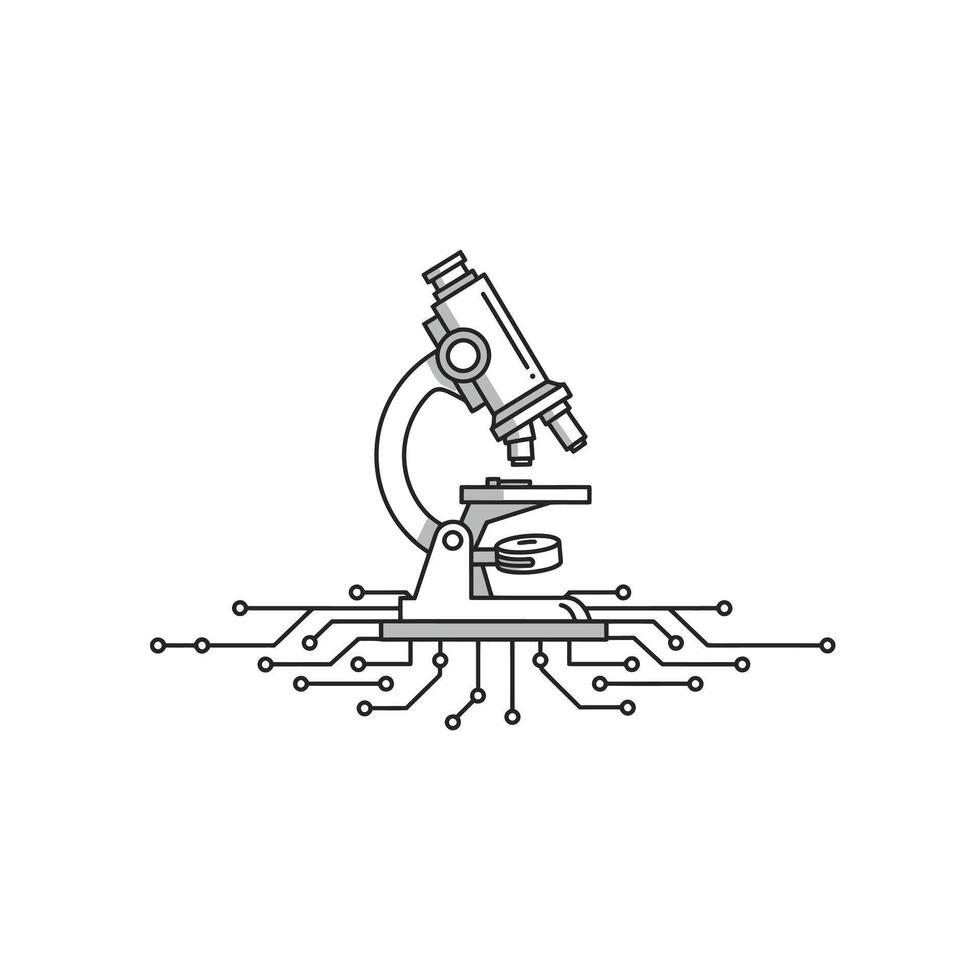 Logo design of a microscope with circuit elements vector