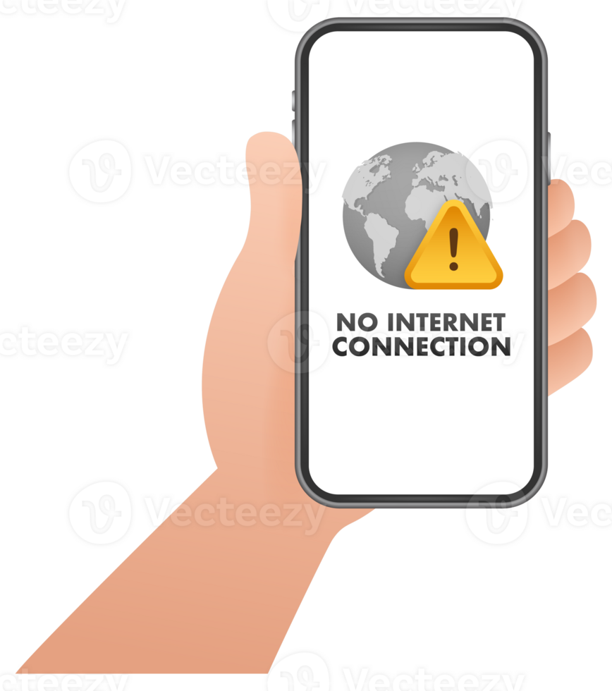 Hand holding smartphone displaying no internet connection error png