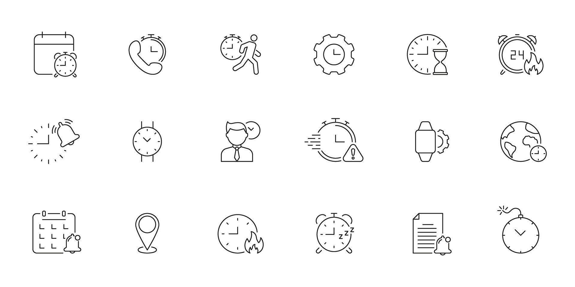 Time Management And Scheduling Line Icon Set. Efficient Planning, Deadline Tracking, And Global Time Coordination Outline Symbol. Productivity Tools. Editable Stroke. Isolated Illustration vector