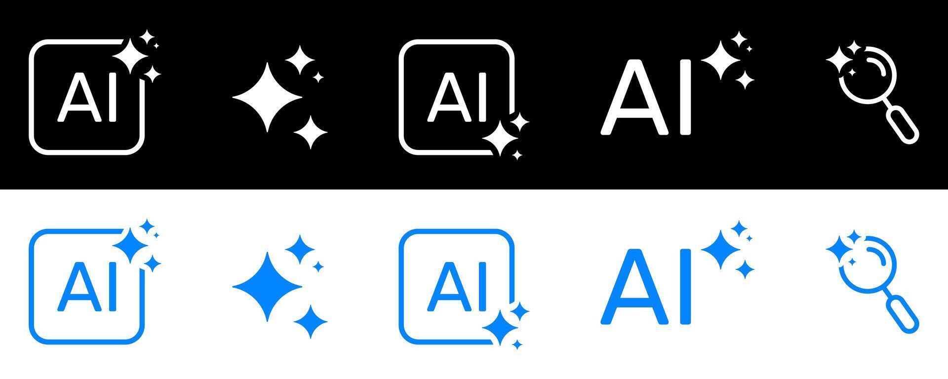 Artificial Intelligence Sparkles AI Recognition and Search Solid Icon Set. Machine Learning Data Processing Future Technology Silhouette Symbol Collection. Isolated Illustration vector