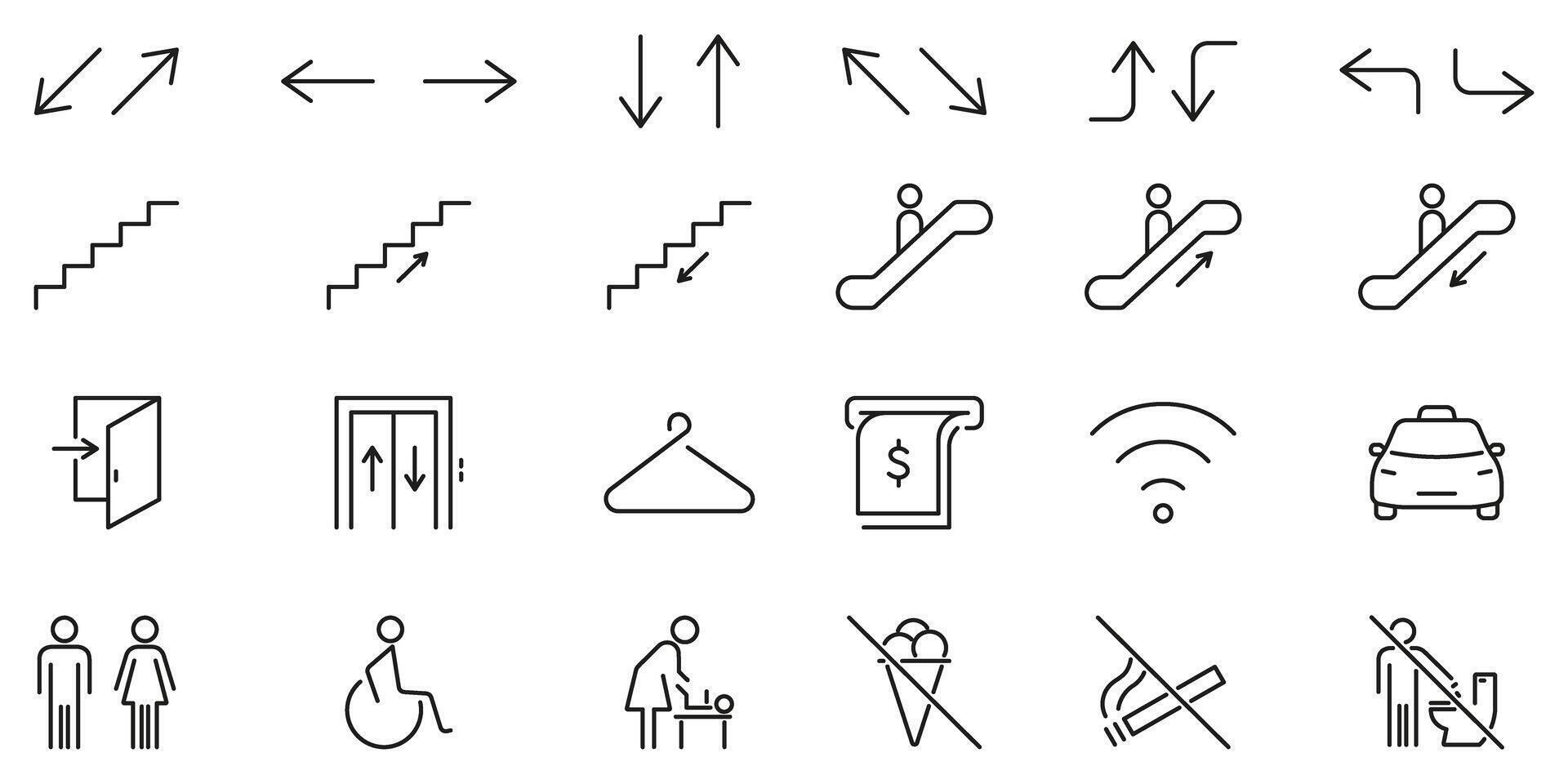 Directional And Facility Icons Set. Navigation, Accessibility and Public Amenities Outline Symbol Collection. Editable Stroke. Isolated Illustration vector