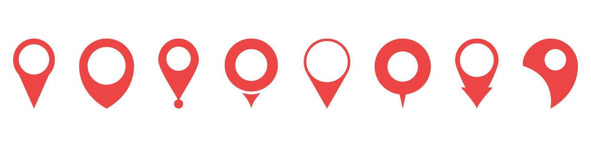 Red Location Pin Icon Set. Geolocation, Navigation, And Map Marker Silhouette Symbol Collection. Versatile Design For Gps, Travel, And Digital Mapping Applications. Isolated Illustration vector