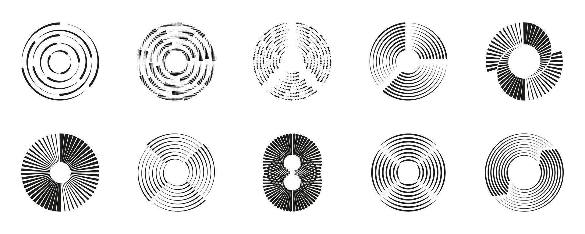 Geometric Spiral Circular Line Shapes Set Isolated on Transparent Background. Modern Dynamic Motion Geometric Shapes with Spiral Line Pattern. Isolated Illustration vector