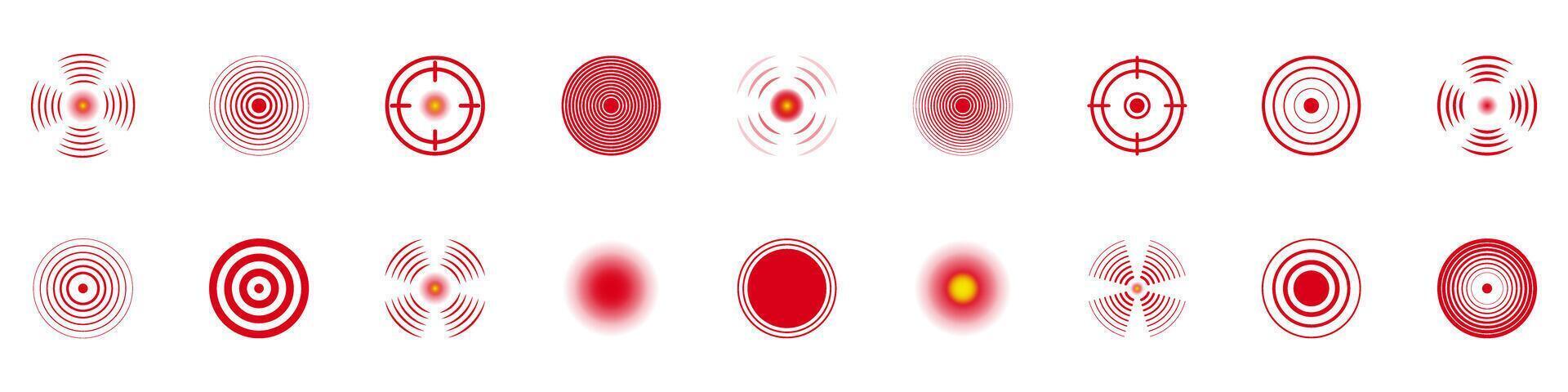 Red Target And Radar Signal Icon Set. Precision, Focus, And Signal Detection Symbol Collection. Includes Targeting, Radar, And Wave Patterns. Isolated Illustration vector