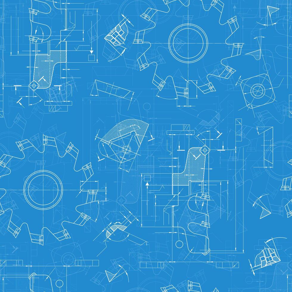 Technical engineering blueprint seamless pattern of milling cutters, industrial tool drawing background for mechanical design projects vector