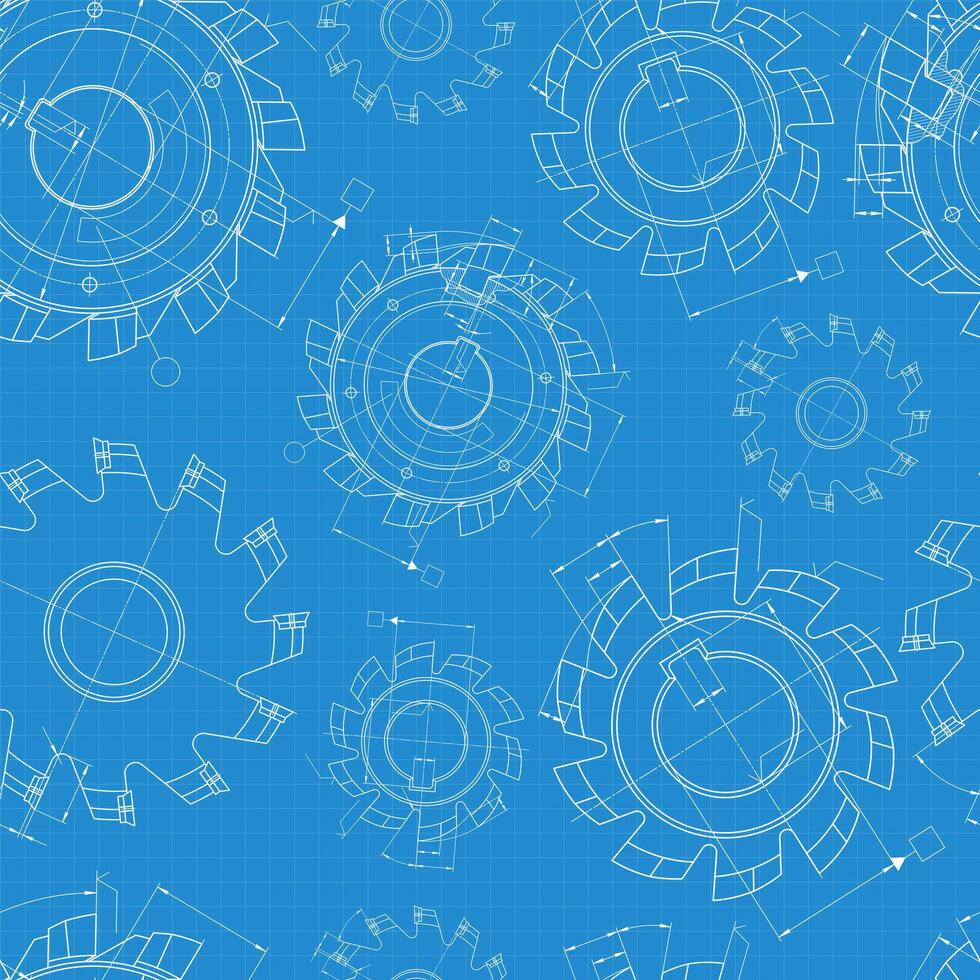 Seamless pattern of technical mechanical cutter diagrams and industrial blueprints, detailed engineering design on blue background vector