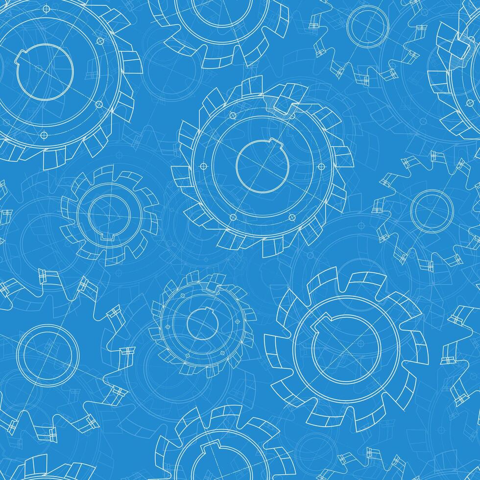 Seamless pattern of cylindrical milling cutter blueprints and mechanical drawings, industrial tool engineering background on blue grid texture vector