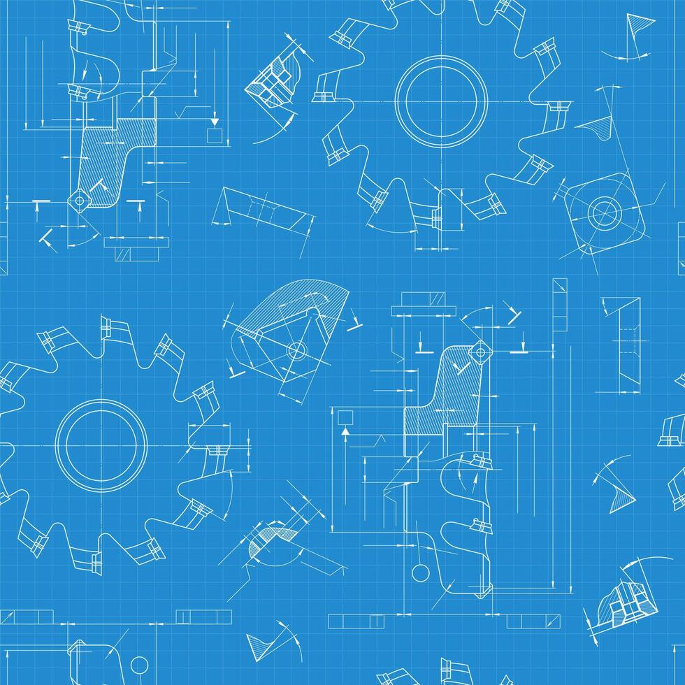 Seamless technical background of milling cutter engineering drawings, blueprint pattern for industrial design and manufacturing concepts vector