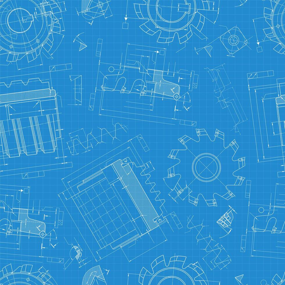 Industrial blueprint seamless pattern of spline and gear milling tools, mechanical engineering drawing on blue technical paper background vector