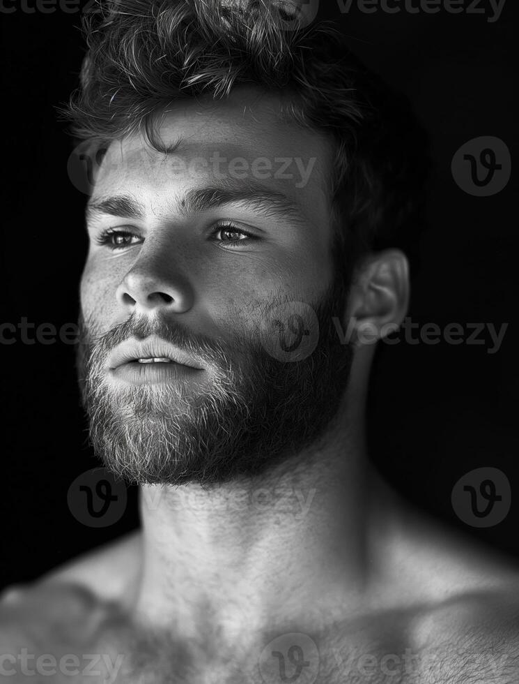 A man with a beard and a mustache is standing in front of a black background photo