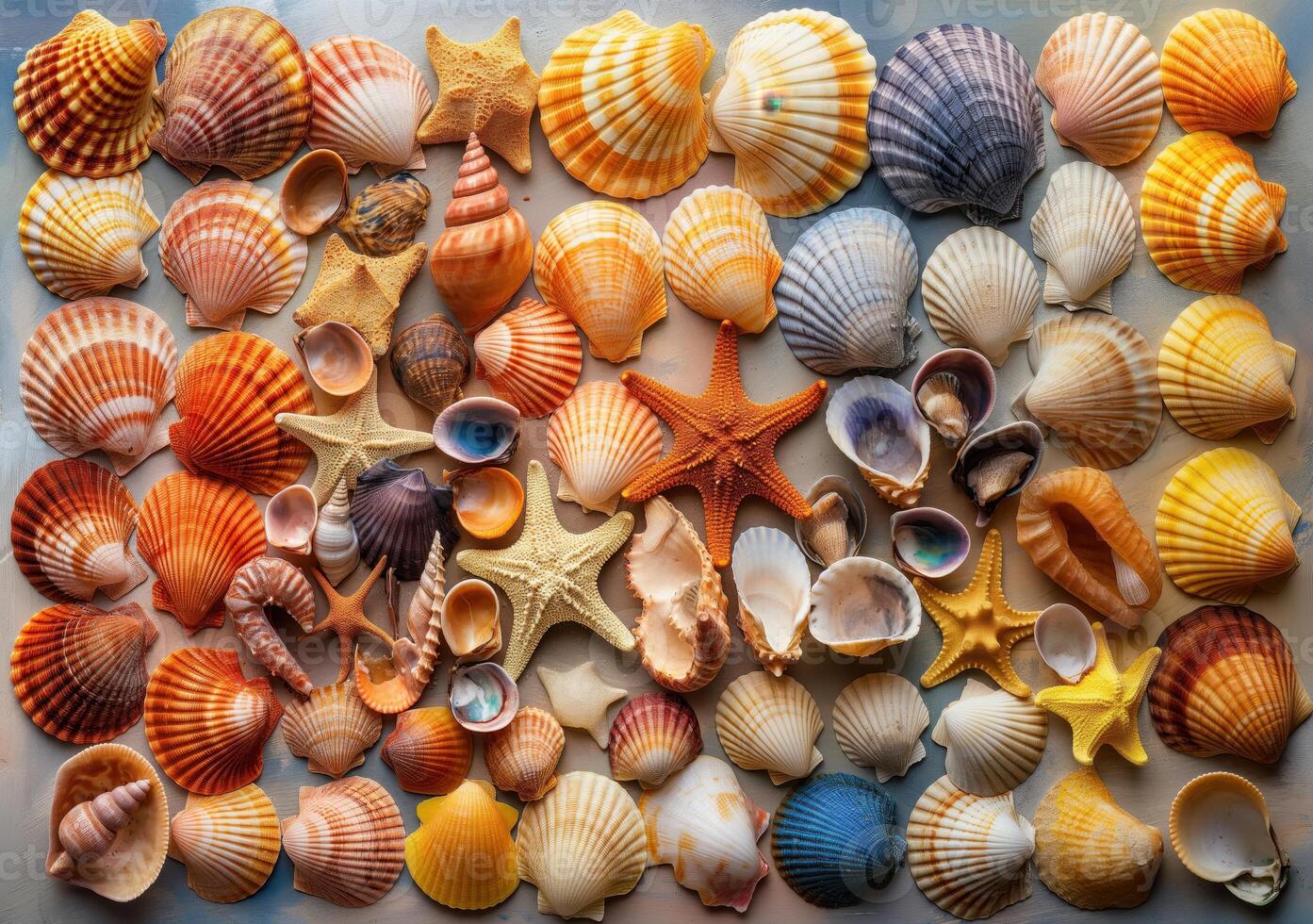 A collection of seashells and starfish are displayed on a table photo