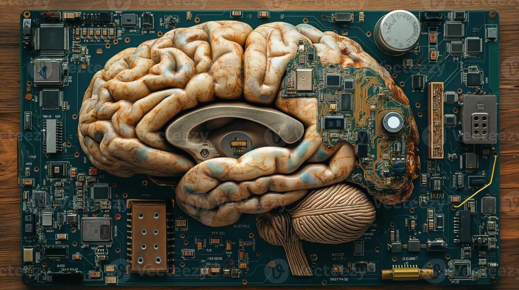 A brain is shown on a computer board with wires and circuits photo