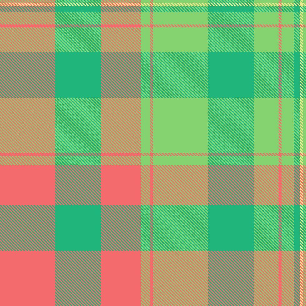 Vibrant plaid pattern featuring intersecting lines and squares in hues of green, coral and tan. Perfect for backgrounds, textiles, or a touch of casual design. vector
