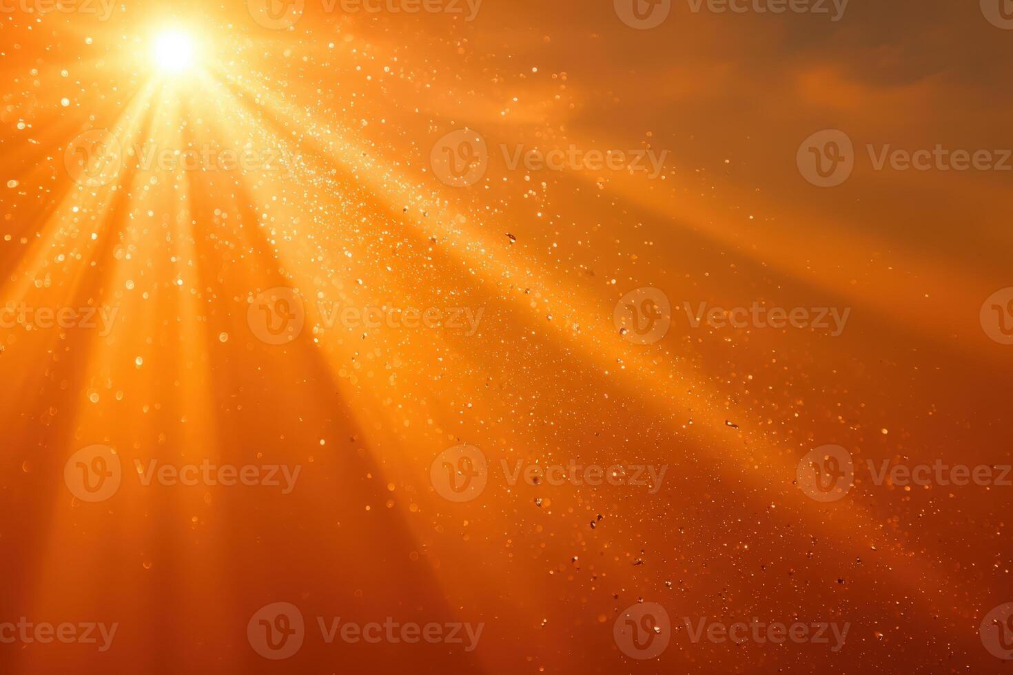 Radiant sunlight beams streaming through a warm orange atmosphere, creating a magical ambiance with sparkling particles floating in the air, evoking a sense of tranquility and warmth photo