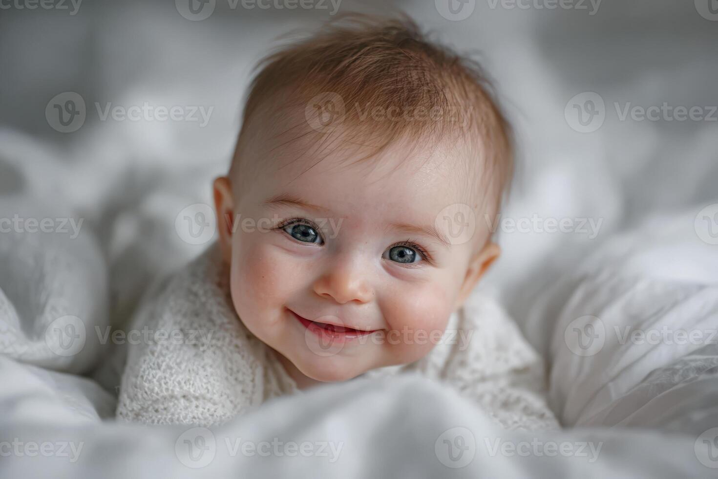 Baby with light brown hair, smiling joyfully while lying on soft white bedding, creating a warm and inviting atmosphere of innocence and happiness photo