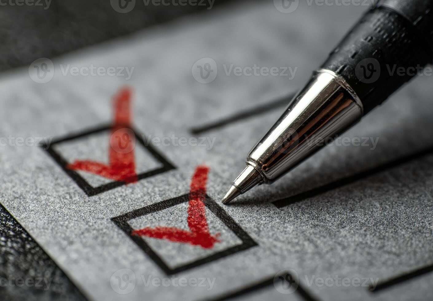 Close-up of a checklist with red check marks, a black pen poised above, symbolizing task completion, organization, and productivity in a professional setting photo