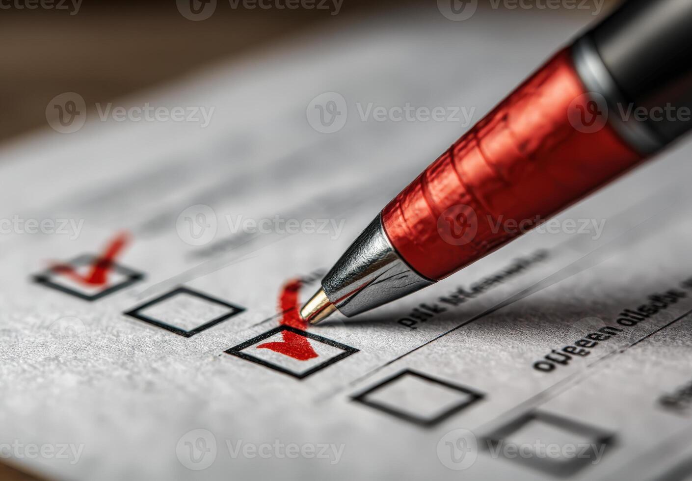 Close-up of a red pen marking a checklist with checked boxes on a paper document, illustrating task completion and attention to detail in organizational processes photo