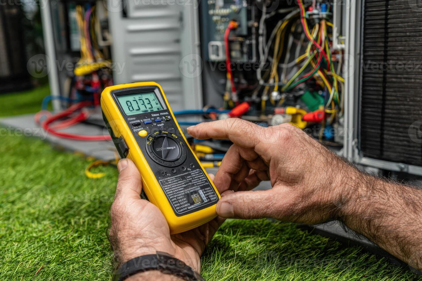 Skilled technician using digital multimeter to measure electrical current while working on complex machinery in outdoor environment, showcasing precision and expertise in electrical diagnostics photo