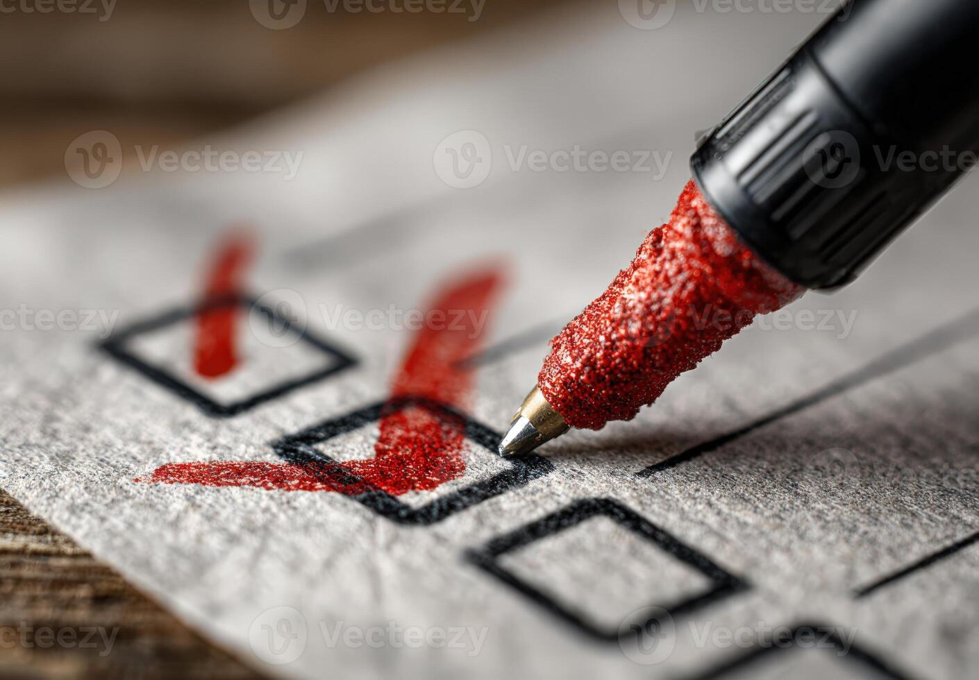 Close-up of a checklist with red marks made by a felt-tip pen on textured paper, emphasizing organization and task completion in a creative workspace environment photo