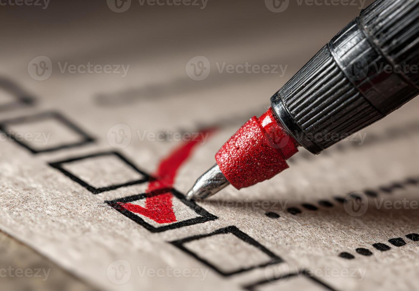 Close-up of a black pen marking a checklist with a red tick on textured paper, emphasizing organization and task completion in a professional setting photo