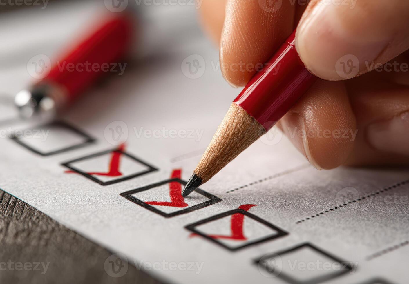 Hand holding red pencil marks checkboxes on a paper checklist, demonstrating organization and task completion in a workspace setting with a wooden surface photo