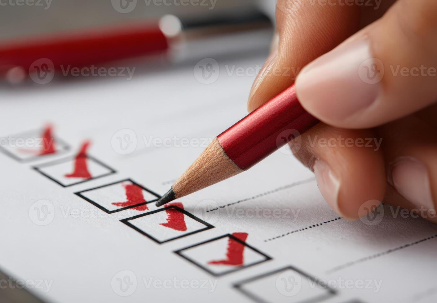 Hand holding red pencil marks checkboxes on printed checklist paper, demonstrating task completion and organization in a professional setting with focus on productivity photo