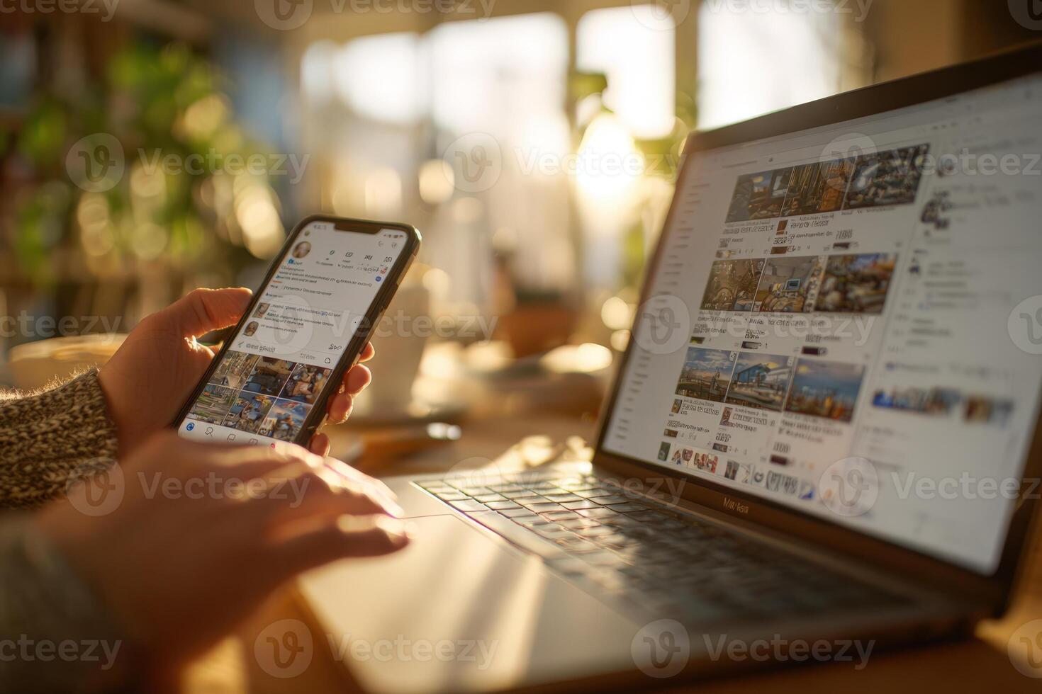 Person using smartphone while working on laptop in a cozy workspace, surrounded by plants and natural light, showcasing modern technology and multitasking lifestyle photo