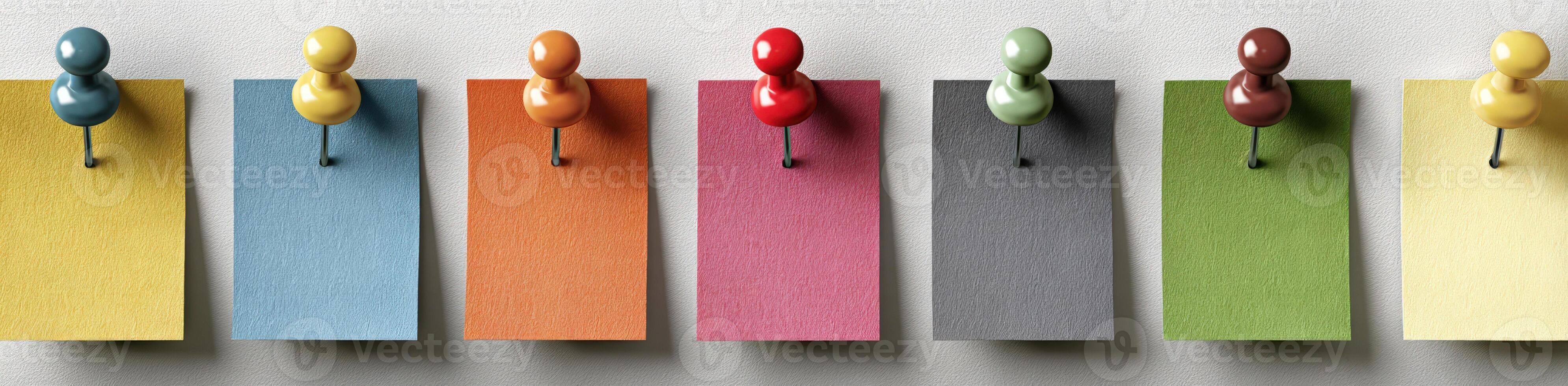 Colorful sticky notes pinned to a wall, showcasing various hues and textures, ideal for organization, reminders, and creative brainstorming in a workspace environment photo