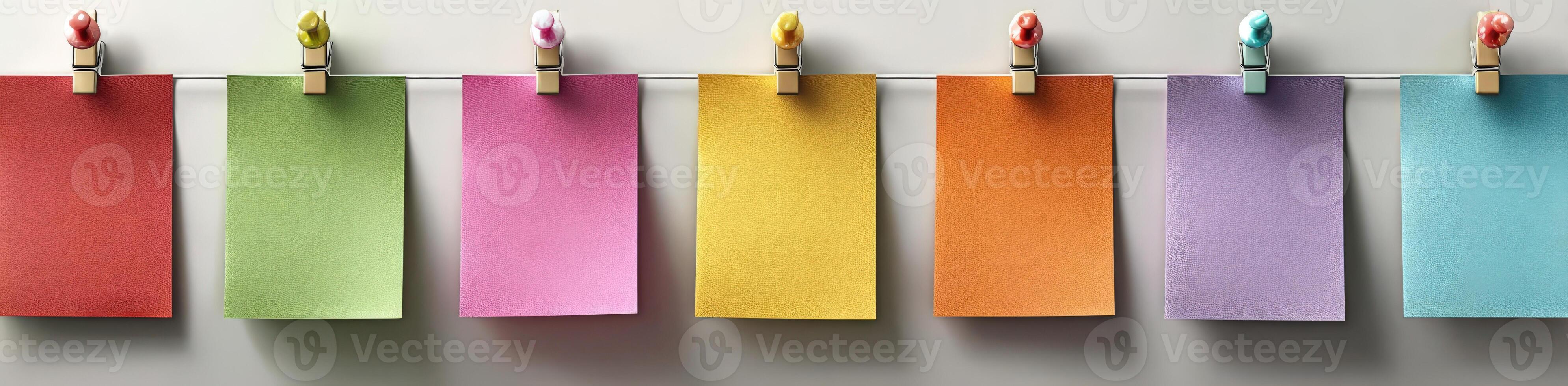 Colorful sticky notes in various shades are hanging on a string with clothespins, creating a vibrant display of creativity and organization in a workspace environment photo