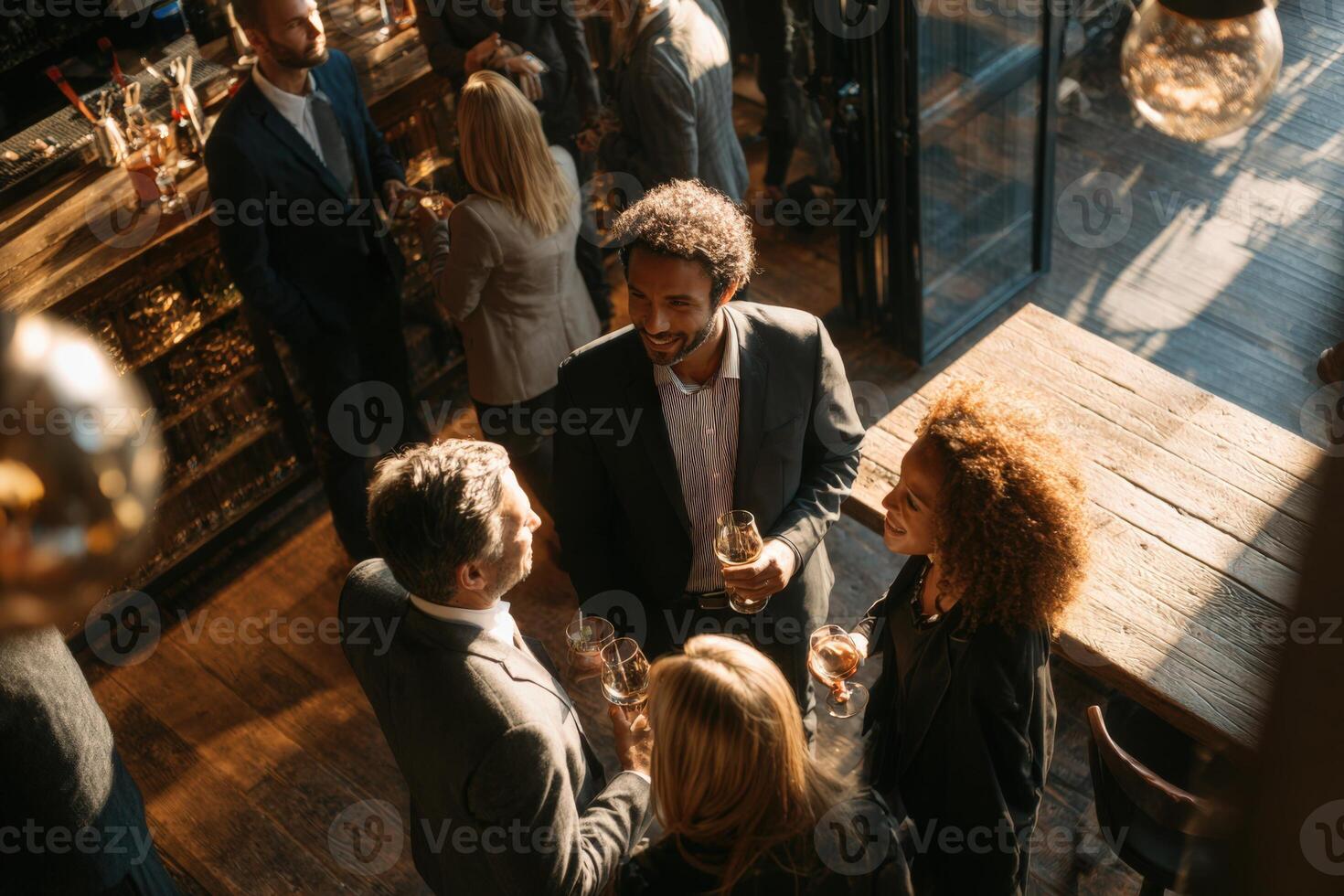 Group of diverse professionals engaged in conversation at a stylish bar, enjoying drinks, with warm lighting and a lively atmosphere, showcasing social interaction and networking photo