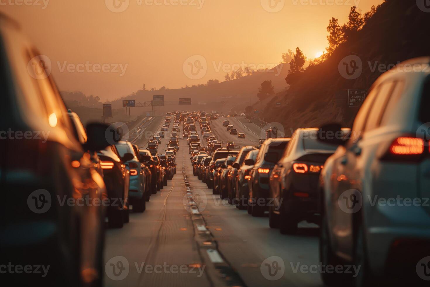 Traffic jam on a busy highway during sunset, with rows of vehicles stretching into the distance, creating a dramatic scene of urban congestion and evening light photo
