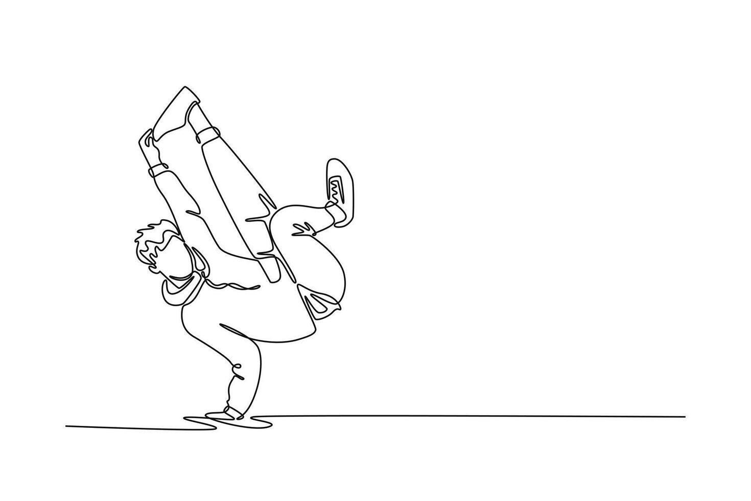 Continuous one line drawing young guy balanced on one hand in inverted freeze with leg bent and raised high, challenging power move in breakdancing. Single line draw design graphic illustration vector