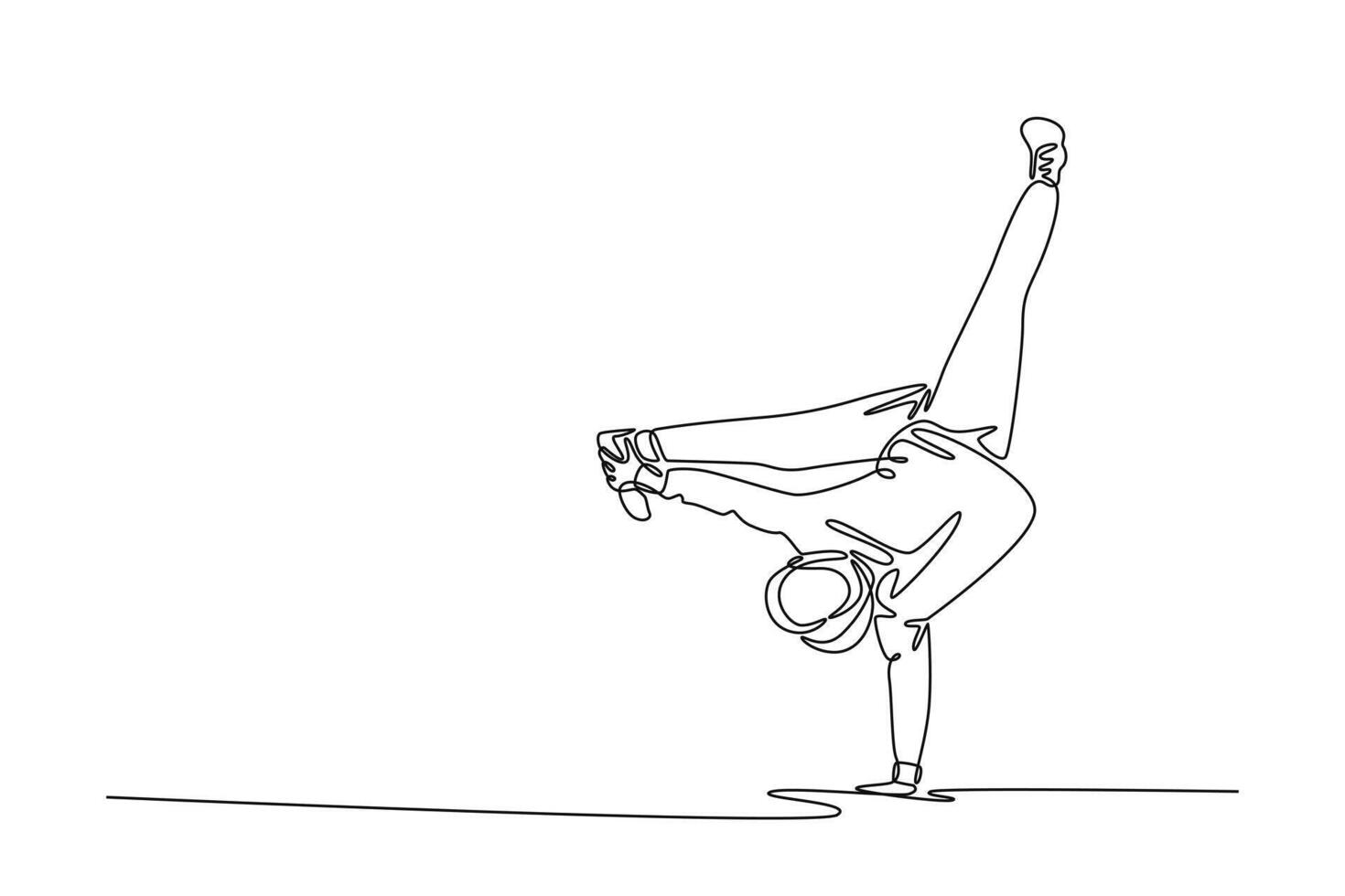 Single one line drawing person executing demanding one-handed handstand or freeze move, with one leg extended vertically. Strength and balance. Continuous line draw design graphic illustration vector