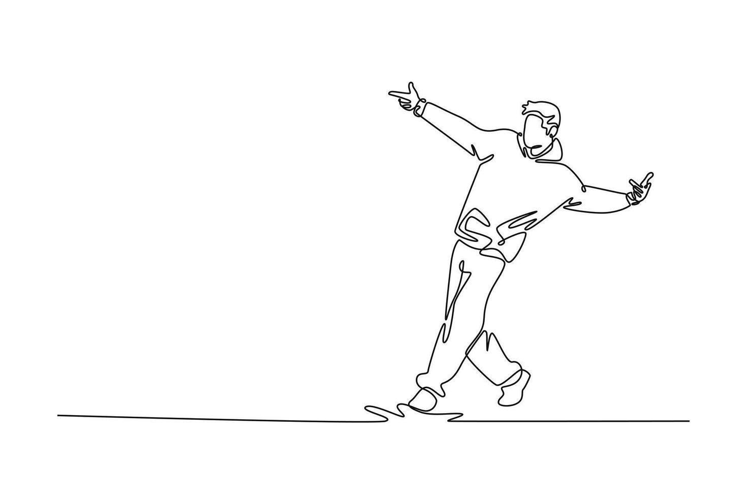Single one line drawing young male mid-step in a dynamic, sideways pose, pointing with both hands, moment of confident, energetic street dance. Continuous line draw design graphic illustration vector