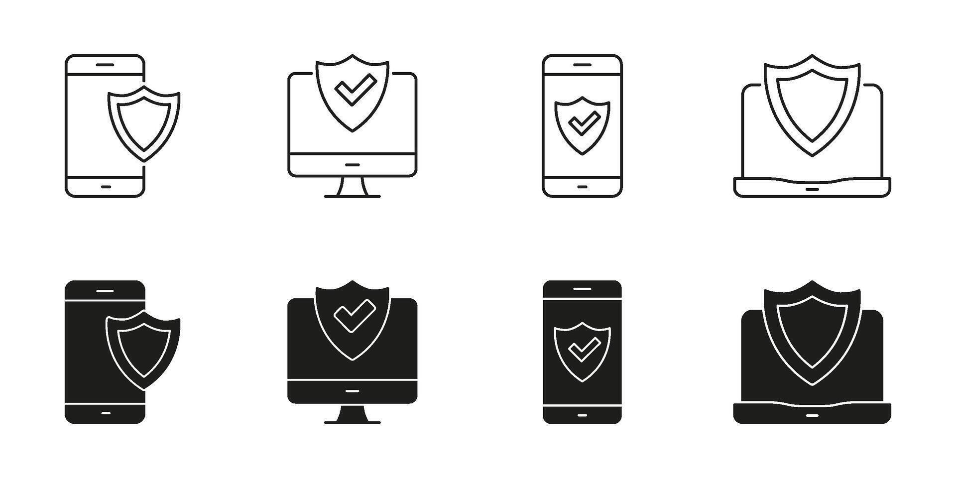 Mobile Phone, Computer, And Laptop Security Line And Solid Icon Set. Cybersecurity, Data Protection, And Device Safety Symbol Collection. Digital Security Assurance. Isolated Illustration vector