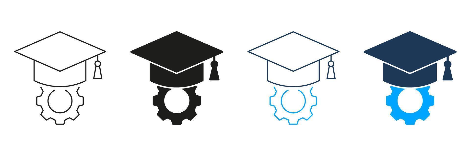 Graduation Cap With Gear Line And Solid Icon Set. Education And Engineering Integration Symbol Collection. Academic Achievement In Technical Fields. Isolated Illustration vector