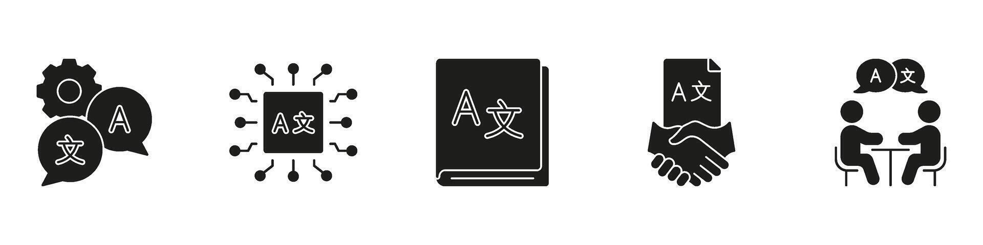 Translation Management and Language Services Silhouette Icon Set. Includes Settings, Digital Tools, Dictionary, Agreement, and Conversation Solid Symbol Collection. Isolated Illustration vector