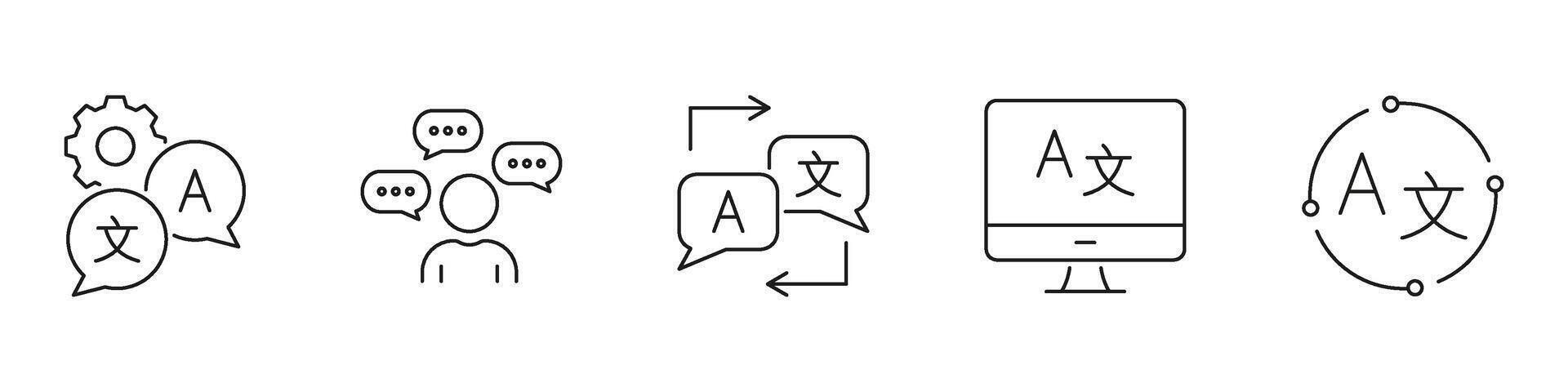 Multilingual Communication, Translation Services, And Language Exchange Line Icon Set. Language Translation And Communication Outline Symbol Collection. Editable Stroke. Isolated Illustration vector