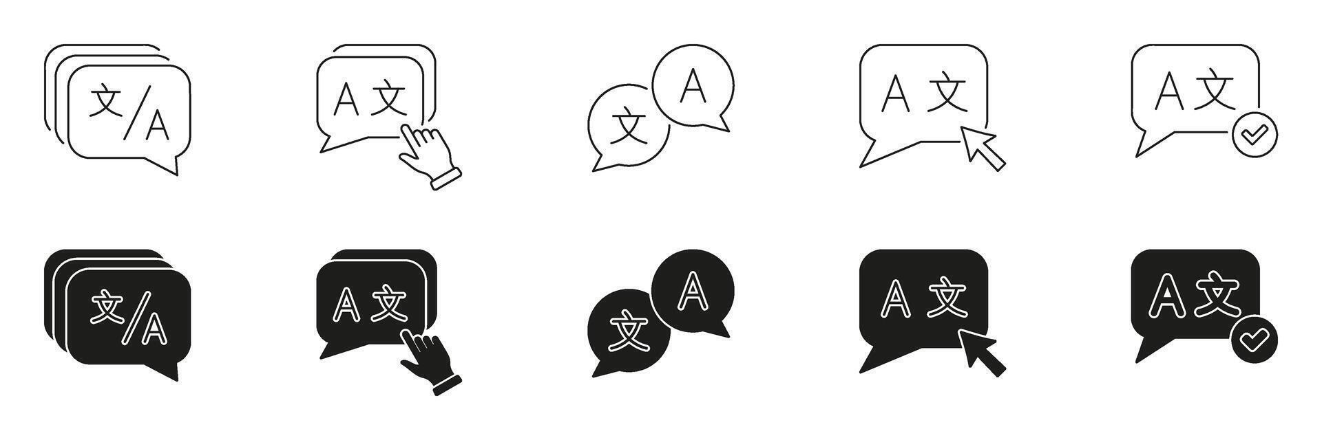 Speech Bubble For Language Translation Line And Solid Icon Set. Communication And Translation Services Symbol Collection. Language Exchange And Interpretation. Isolated Illustration vector